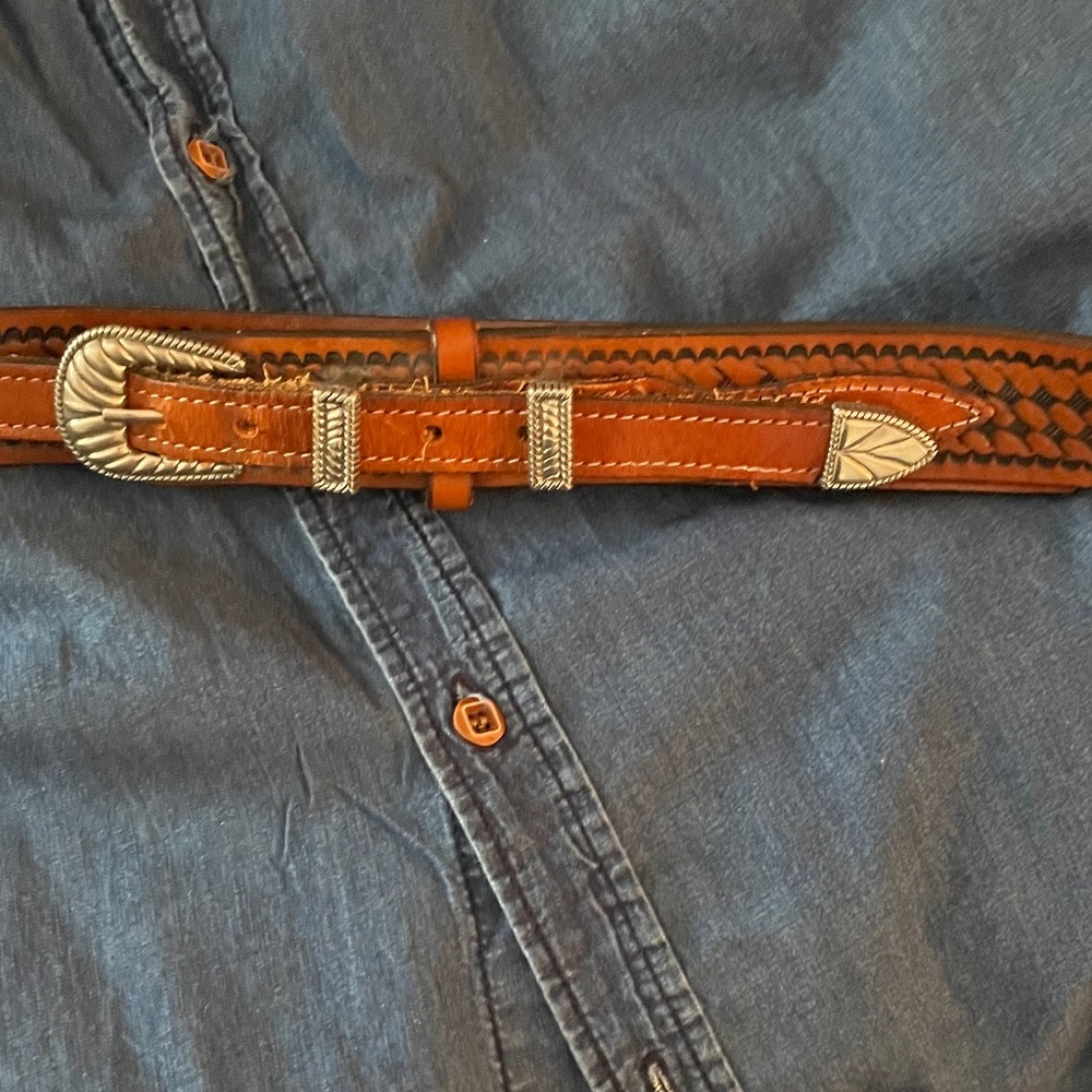 Vintage Lyntone hand tooled leather belt with southwestern style buckle